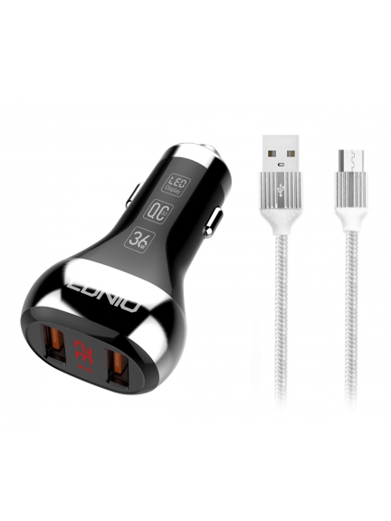 автомобильное зарядное устройство LDNIO АЗУ C2 2USB QC3.0  Fast Charger LED Display + micro cable