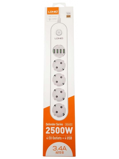 универсальный сетевой фильтр LDNIO SE4432 4USB*4 розетки 2м white