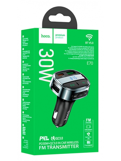 автомобильная зарядка с bluetooth FM передатчиком Hoco E70 PD30W+QC3.0 car BT FM transmitter magic night