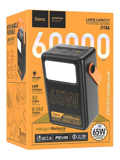 внешний аккумулятор со светильником Hoco J110A Powerful PD65 compatible power bank(60000mAh) black