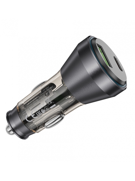 зарядка для телефона в машину Hoco NZ12B Unimpeded PD48W(1C1A) car charger with digital display transparent black