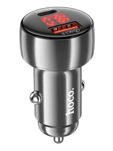 зарядка для телефона в машину Hoco Z50 Leader 48W dual-port PD30W+QC3.0 car charger with display metal gray