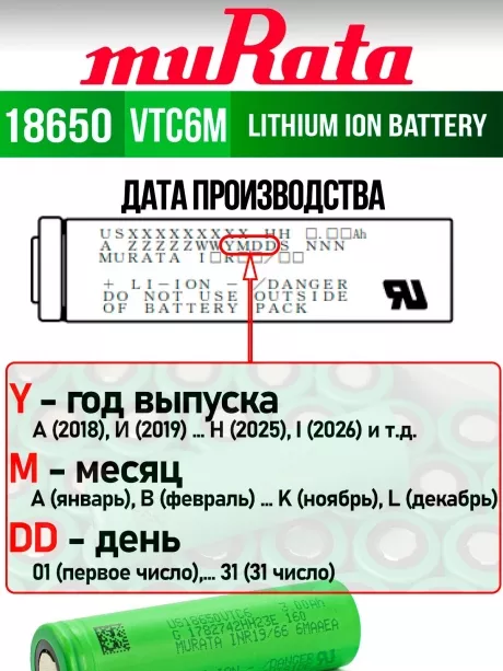 литиевый аккумулятор Murata US 18650 VTC6M 30A 3000mAh 10 шт. 